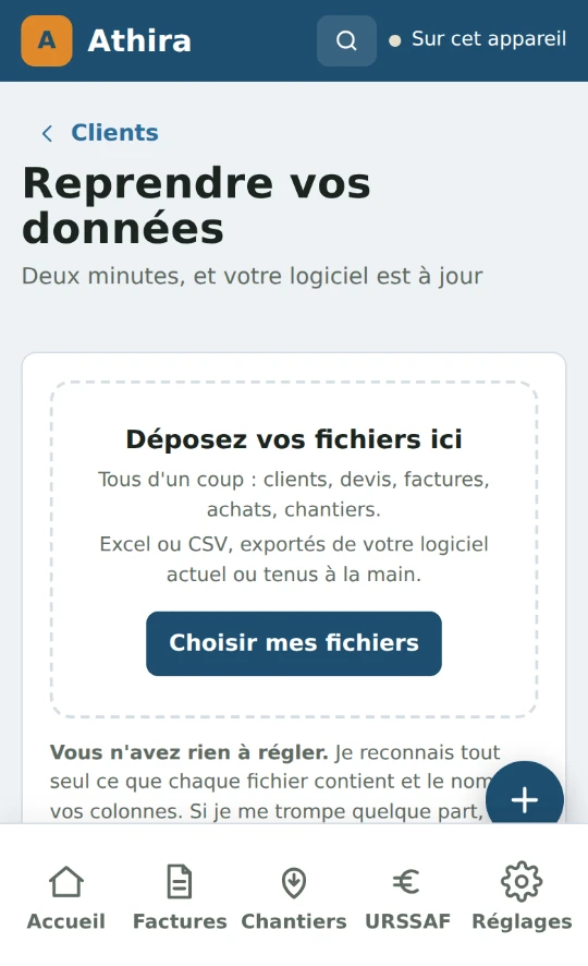 Écran de reprise des données d’Athira : dépôt des fichiers Excel ou CSV.